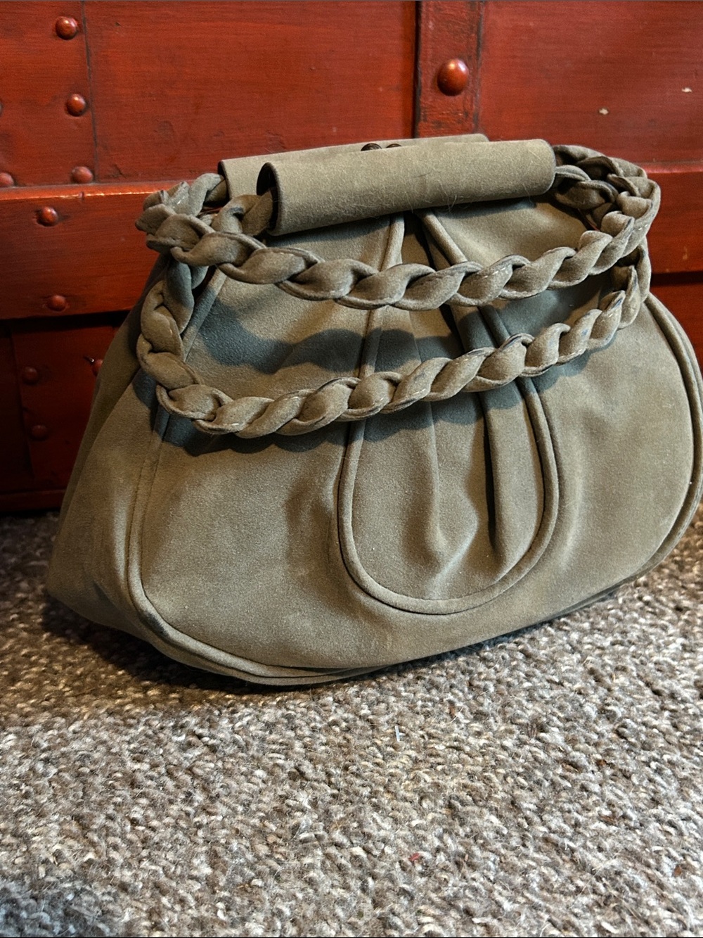 Vintage Olive Suede Mini wristlet Bag with Braided Strap